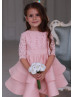 Peach Lace Satin Pearl Embellished Tiered Flower Girl Dress